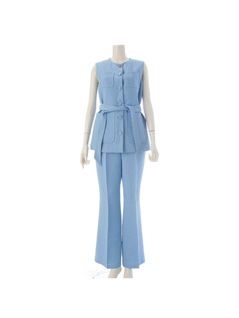 Gucci Silk Wool GG Button Sleeveless Belted Vest Pants Set Blue /40 38